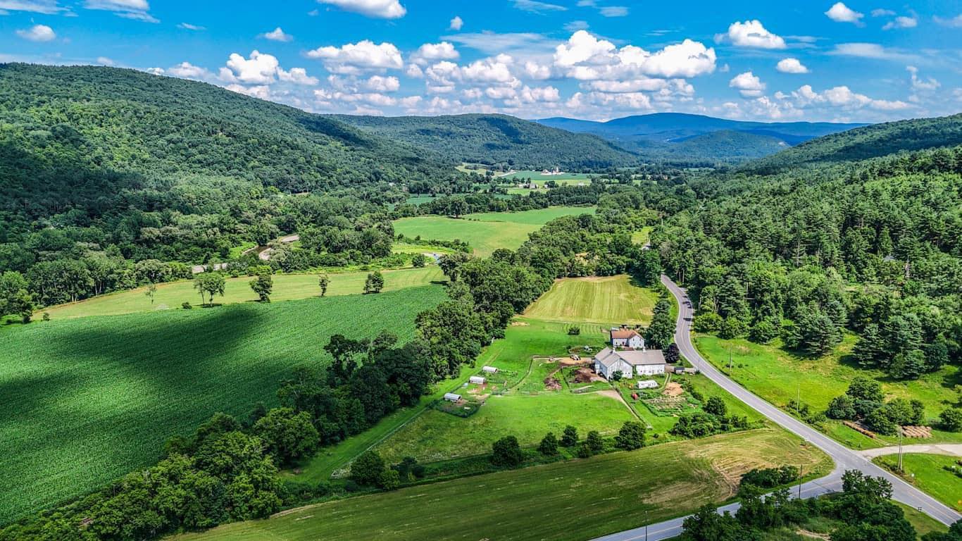 Aerial drone shot of Hickory Hill Fiber Farm, Petersburg NY